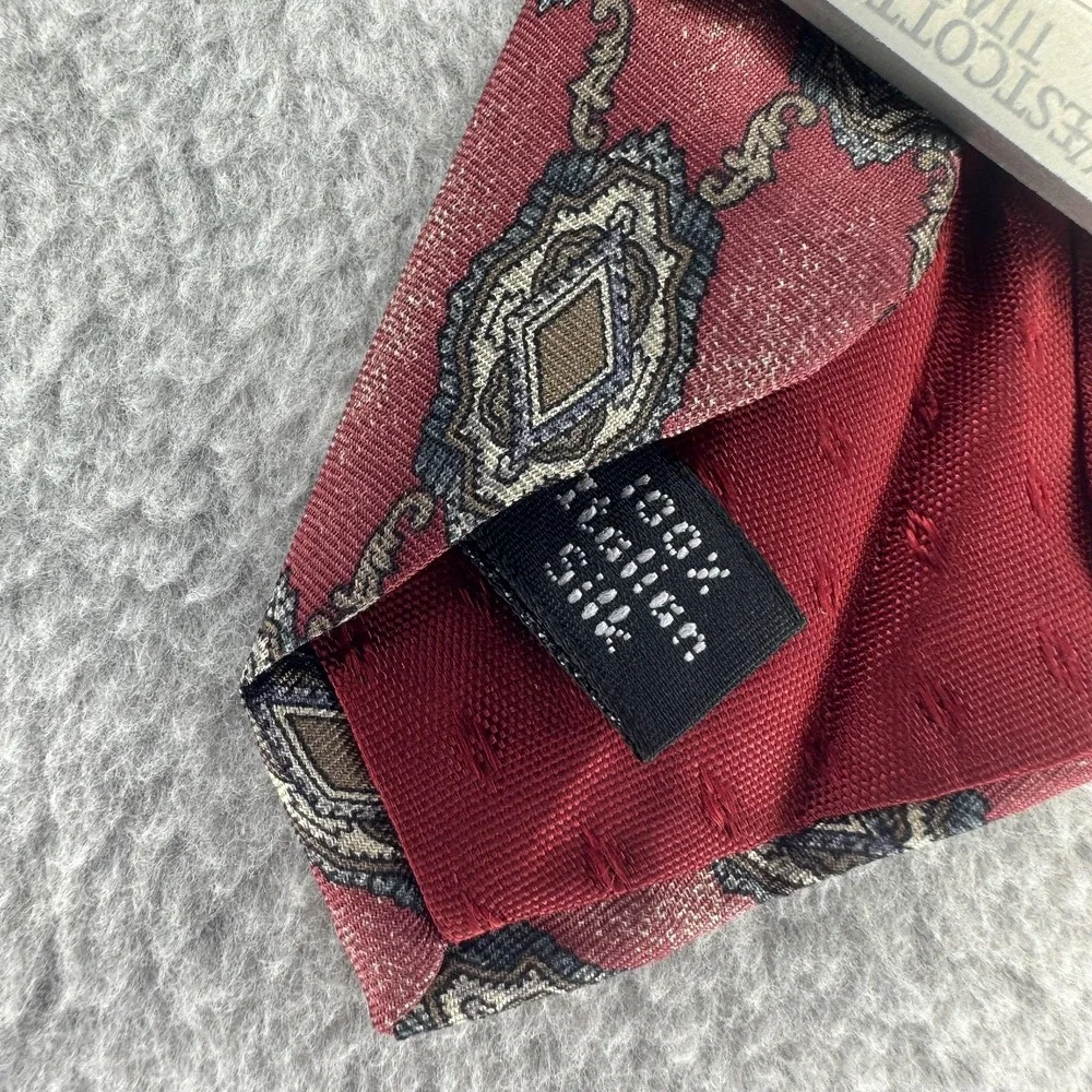 Henry Grethel Tie Mens One‎ Size Burgundy Silk Geometric Medallion Made in USA